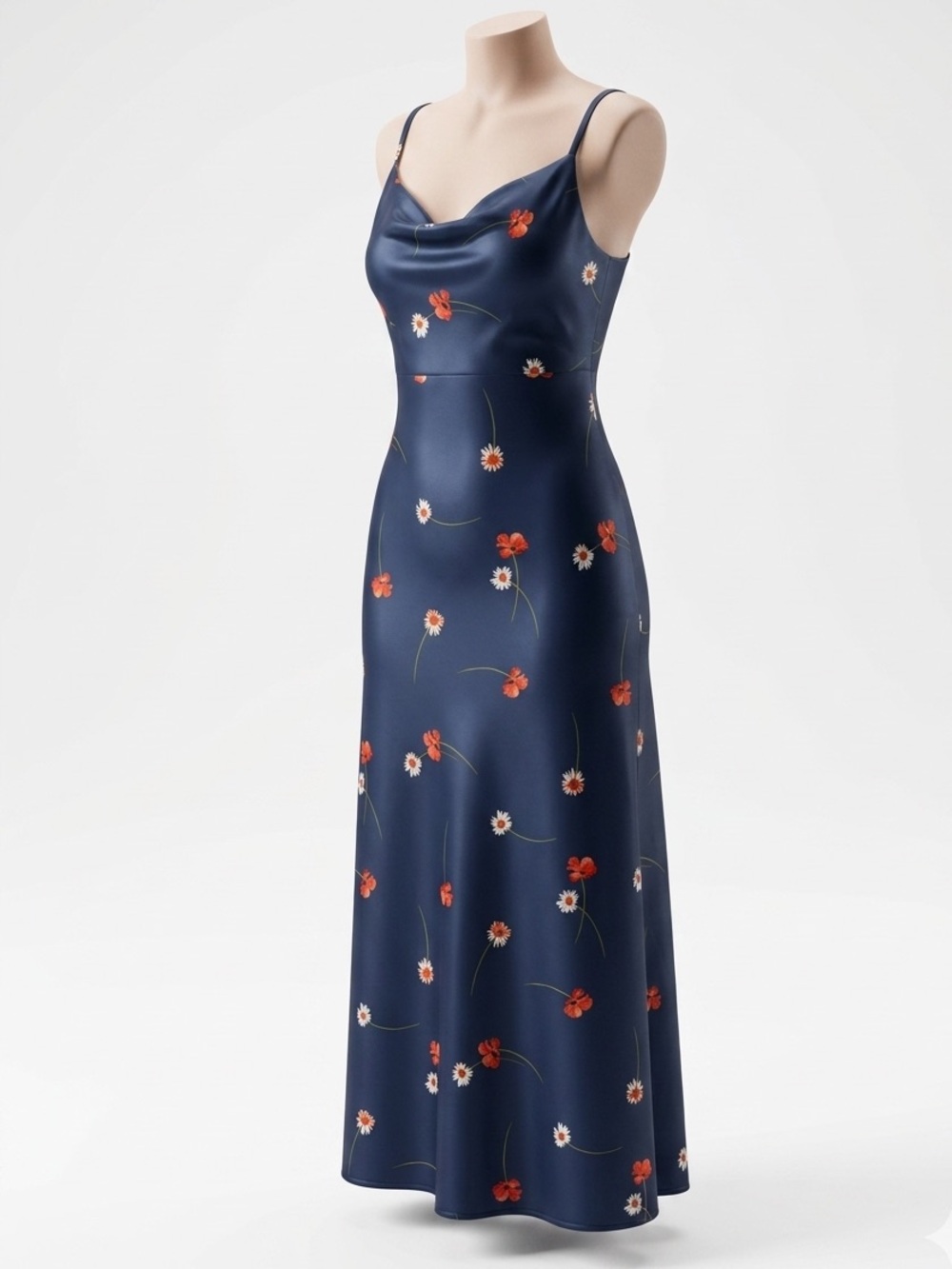LUSH Navy Blue Floral Cowl Neck Maxi Dress, Size M